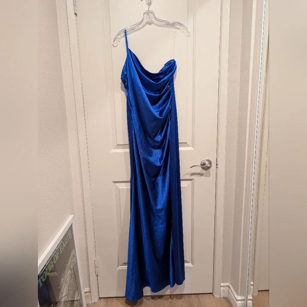 Faeriesty One Shoulder Sleeveless High Slit Blue Maxi Dress Large - Picture 4 of 12